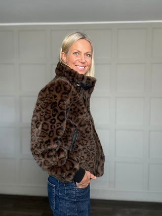 Ambra Super Soft Faux Fur Bomber Jacket by Rino & Pelle - Brown Leopard