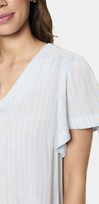 Katha Linen Mix Striped V Neck Dress by Saint Tropez - Sky Blue/Ecru