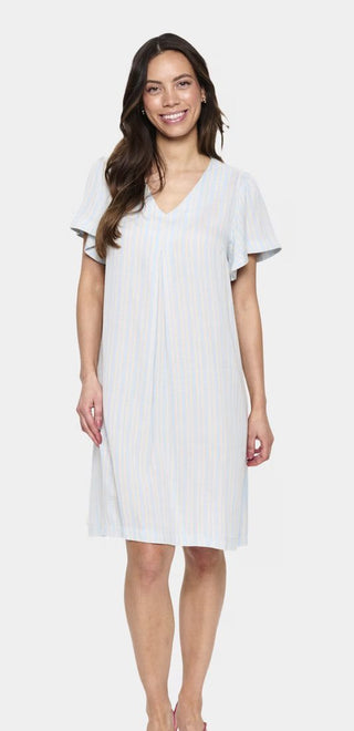 Katha Linen Mix Striped V Neck Dress by Saint Tropez - Sky Blue/Ecru