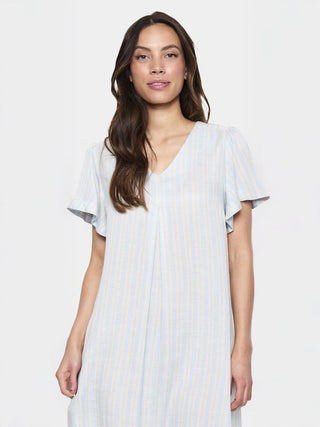 Katha Linen Mix Striped V Neck Dress by Saint Tropez - Sky Blue/Ecru