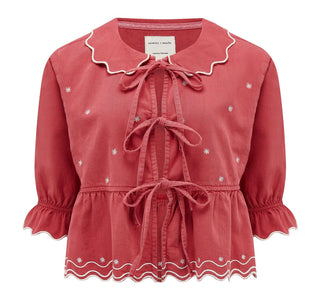 Ana Tie Front Blouse with Short Sleeves by Seventy Mochi - Vintage Red, White