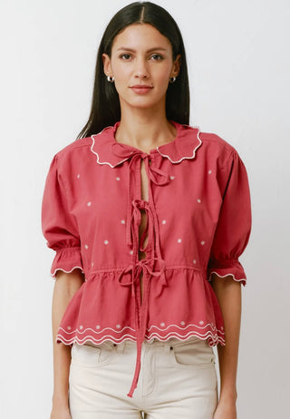 Ana Tie Front Blouse with Short Sleeves by Seventy Mochi - Vintage Red, White