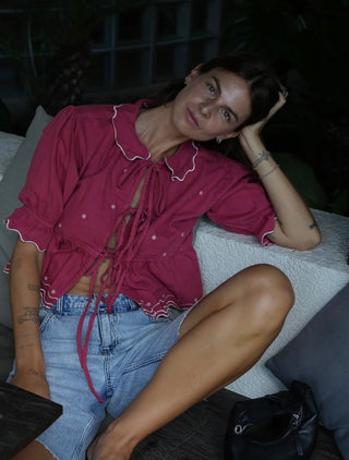 Ana Tie Front Blouse with Short Sleeves by Seventy Mochi - Vintage Red, White