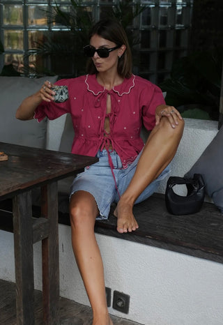 Ana Tie Front Blouse with Short Sleeves by Seventy Mochi - Vintage Red, White