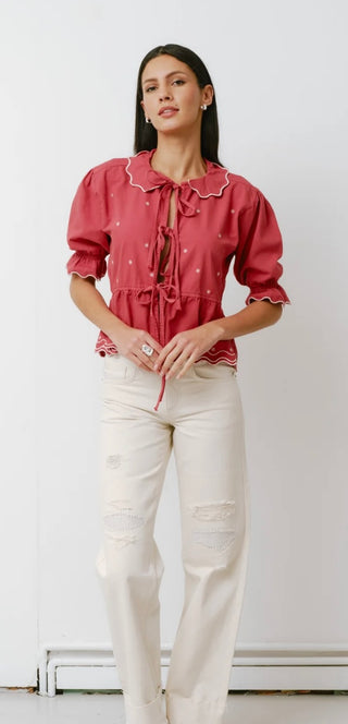 Ana Tie Front Blouse with Short Sleeves by Seventy Mochi - Vintage Red, White