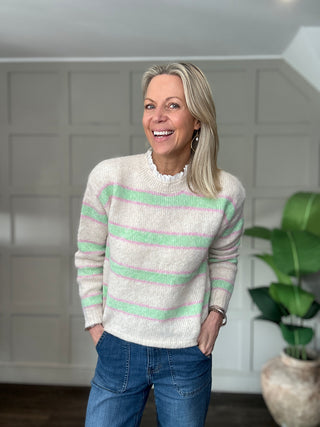 Southwold Stripe Jumper with Broderie Anglaise Detail - Green/Pink, Orange/Pink, Pink/Green, Pink/Red, Sky Blue/Royal Blue, Yellow/Chocolate
