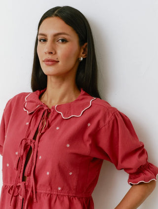 Ana Tie Front Blouse with Short Sleeves by Seventy Mochi - Vintage Red, White