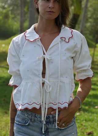 Ana Tie Front Blouse with Short Sleeves by Seventy Mochi - Vintage Red, White
