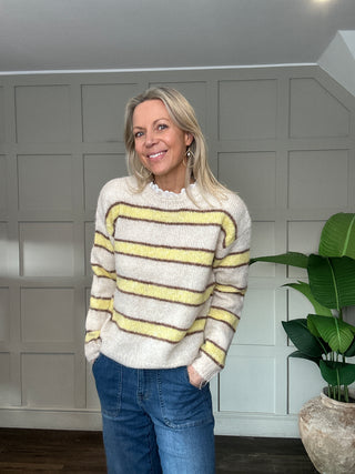 Southwold Stripe Jumper with Broderie Anglaise Detail - Green/Pink, Orange/Pink, Pink/Green, Pink/Red, Sky Blue/Royal Blue, Yellow/Chocolate