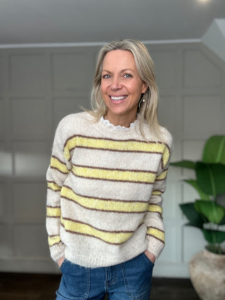 Southwold Stripe Jumper with Broderie Anglaise Detail - Green/Pink, Orange/Pink, Pink/Green, Pink/Red, Sky Blue/Royal Blue, Yellow/Chocolate