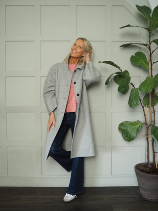 Calypso Wool Mix Herringbone Coat, with Collar &amp; Front Fastening - Light Grey