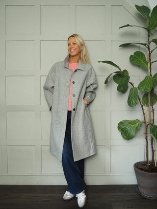Calypso Wool Mix Herringbone Coat, with Collar &amp; Front Fastening - Light Grey