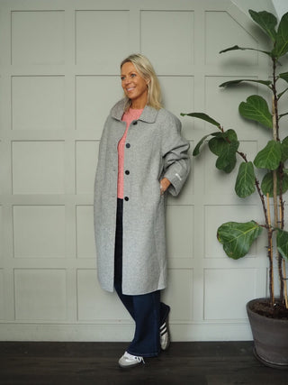 Calypso Wool Mix Herringbone Coat, with Collar &amp; Front Fastening - Light Grey