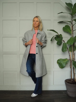 Calypso Wool Mix Herringbone Coat, with Collar &amp; Front Fastening - Light Grey