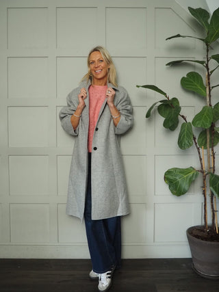 Calypso Wool Mix Herringbone Coat, with Collar &amp; Front Fastening - Light Grey