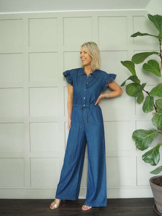 Alive Cotton Jumpsuit with Drawstring Waist, Frill Capped Sleeve, Wide Leg - Dark Denim Blue