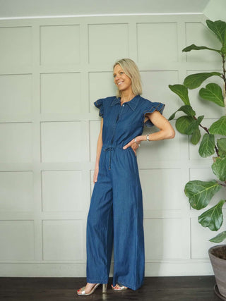 Alive Cotton Jumpsuit with Drawstring Waist, Frill Capped Sleeve, Wide Leg - Dark Denim Blue