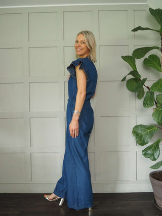 Alive Cotton Jumpsuit with Drawstring Waist, Frill Capped Sleeve, Wide Leg - Dark Denim Blue