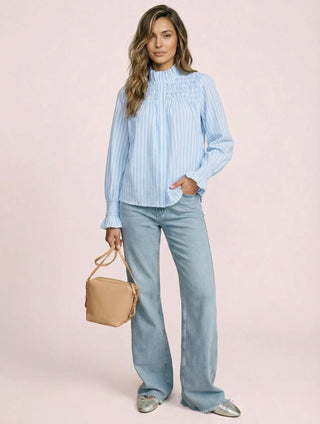 Nadia Stripe Blouse with Pleated Collar - Pink, Blue