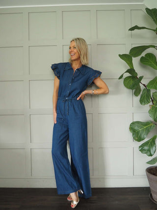Alive Cotton Jumpsuit with Drawstring Waist, Frill Capped Sleeve, Wide Leg - Dark Denim Blue