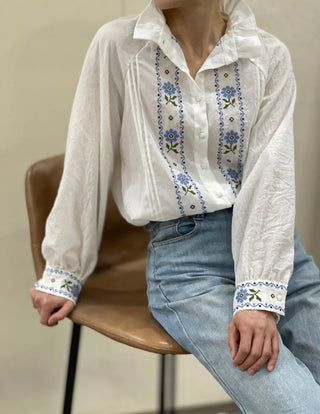 Helen Blouse with Embroidered Flower Detail and Pleated Collar - Off White/Blue