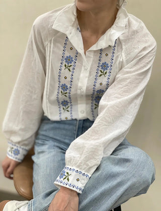 Helen Blouse with Embroidered Flower Detail and Pleated Collar - Off White/Blue