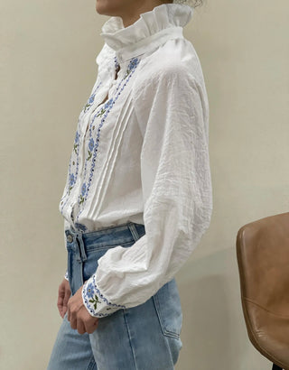 Helen Blouse with Embroidered Flower Detail and Pleated Collar - Off White/Blue