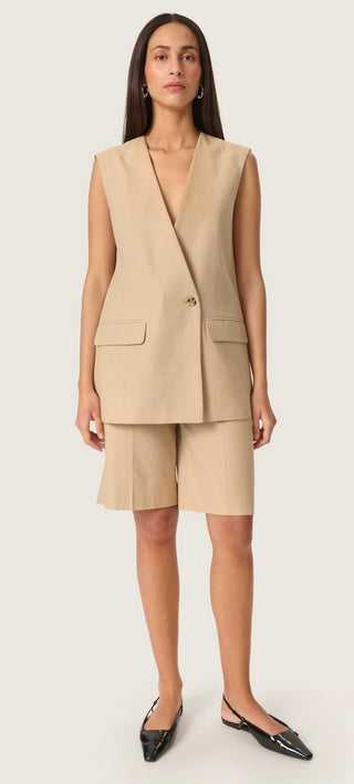 Carry Linen Mix Longline Waistcoat with Single Button by Soaked - Sand