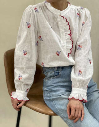 Burgess Blouse with Embroidered Flower Detail and Pleated Collar - Off White