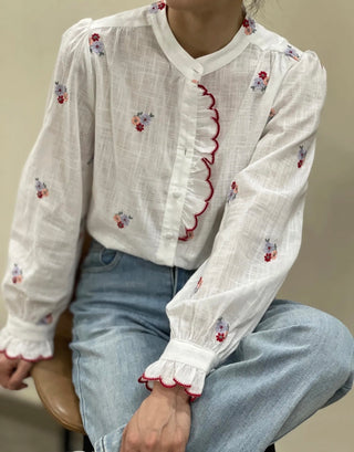 Burgess Blouse with Embroidered Flower Detail and Pleated Collar - Off White
