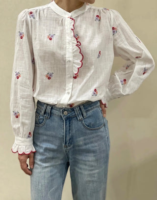 Burgess Blouse with Embroidered Flower Detail and Pleated Collar - Off White