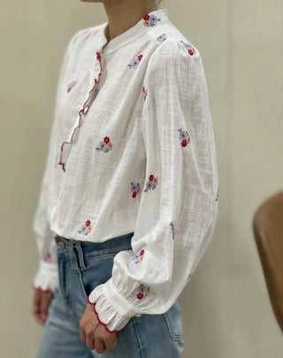 Burgess Blouse with Embroidered Flower Detail and Pleated Collar - Off White