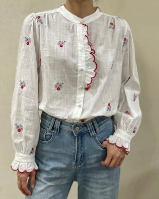 Burgess Blouse with Embroidered Flower Detail and Pleated Collar - Off White