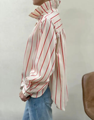 Kelly Stripe Blouse with High Ruffle Collar - Sand/Brick Red