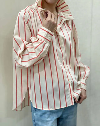 Kelly Stripe Blouse with High Ruffle Collar - Sand/Brick Red