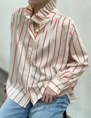 Kelly Stripe Blouse with High Ruffle Collar - Sand/Brick Red