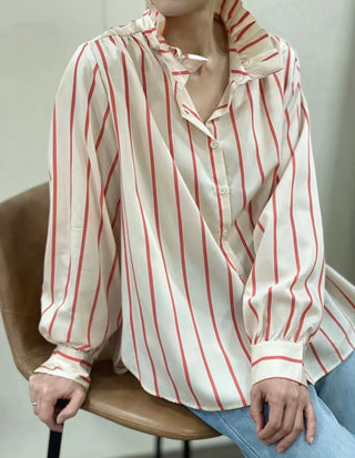 Kelly Stripe Blouse with High Ruffle Collar - Sand/Brick Red