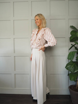 Taya Long Sleeve Blouse - Cream/Red Chevron