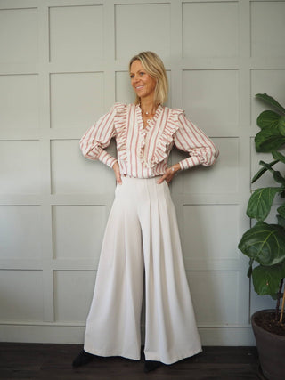 Taya Long Sleeve Blouse - Cream/Red Chevron