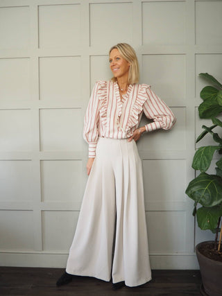 Taya Long Sleeve Blouse - Cream/Red Chevron