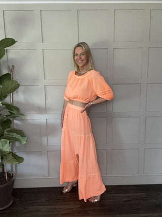 Babette Cheesecloth Maxi Skirt and Top Set - Black, Bright Orange, Coral and Khaki