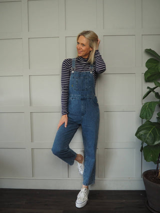 Loue Cotton Denim Dungarees with Side Pockets by Frnch - Mid Blue