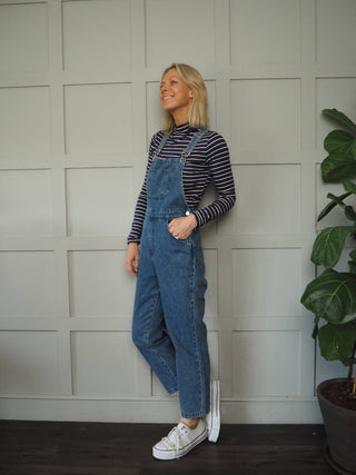 Loue Cotton Denim Dungarees with Side Pockets by Frnch - Mid Blue