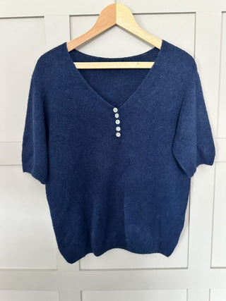 Starling V-Neck Short Sleeved Jumper with Pearlescent Buttons - 5 Colours