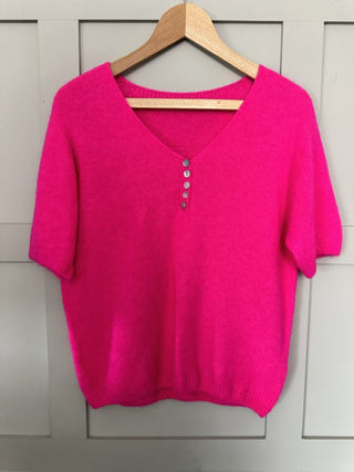 Starling V-Neck Short Sleeved Jumper with Pearlescent Buttons - 5 Colours