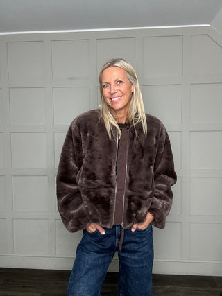 Estacia Super Soft Faux Fur Bomber Jacket by Soaked - Chocolate Brown