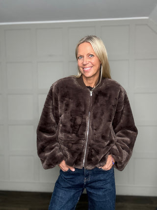 Estacia Super Soft Faux Fur Bomber Jacket by Soaked - Chocolate Brown