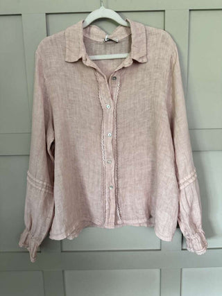 Towerby Long Sleeve Linen Blouse with Lace Detail - Bubblegum Pink, Navy Blue, Sky Blue, Stone and White