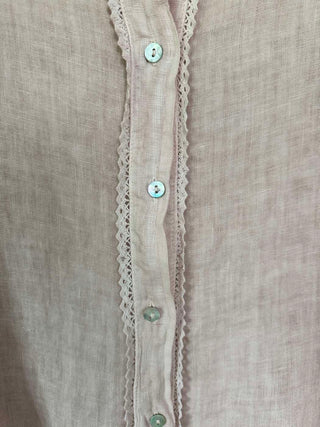 Towerby Long Sleeve Linen Blouse with Lace Detail - Bubblegum Pink, Navy Blue, Sky Blue, Stone and White