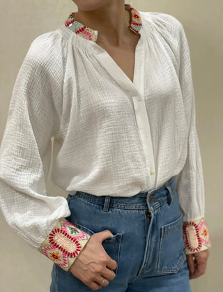 Cheriton Cheesecloth Blouse with Embroidered Collar and Cuffs - Off White